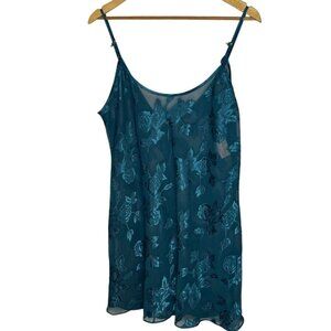 Vintage Angelique Women's L Satin Slip Dress Teal Blue Floral Chemise Lingerie